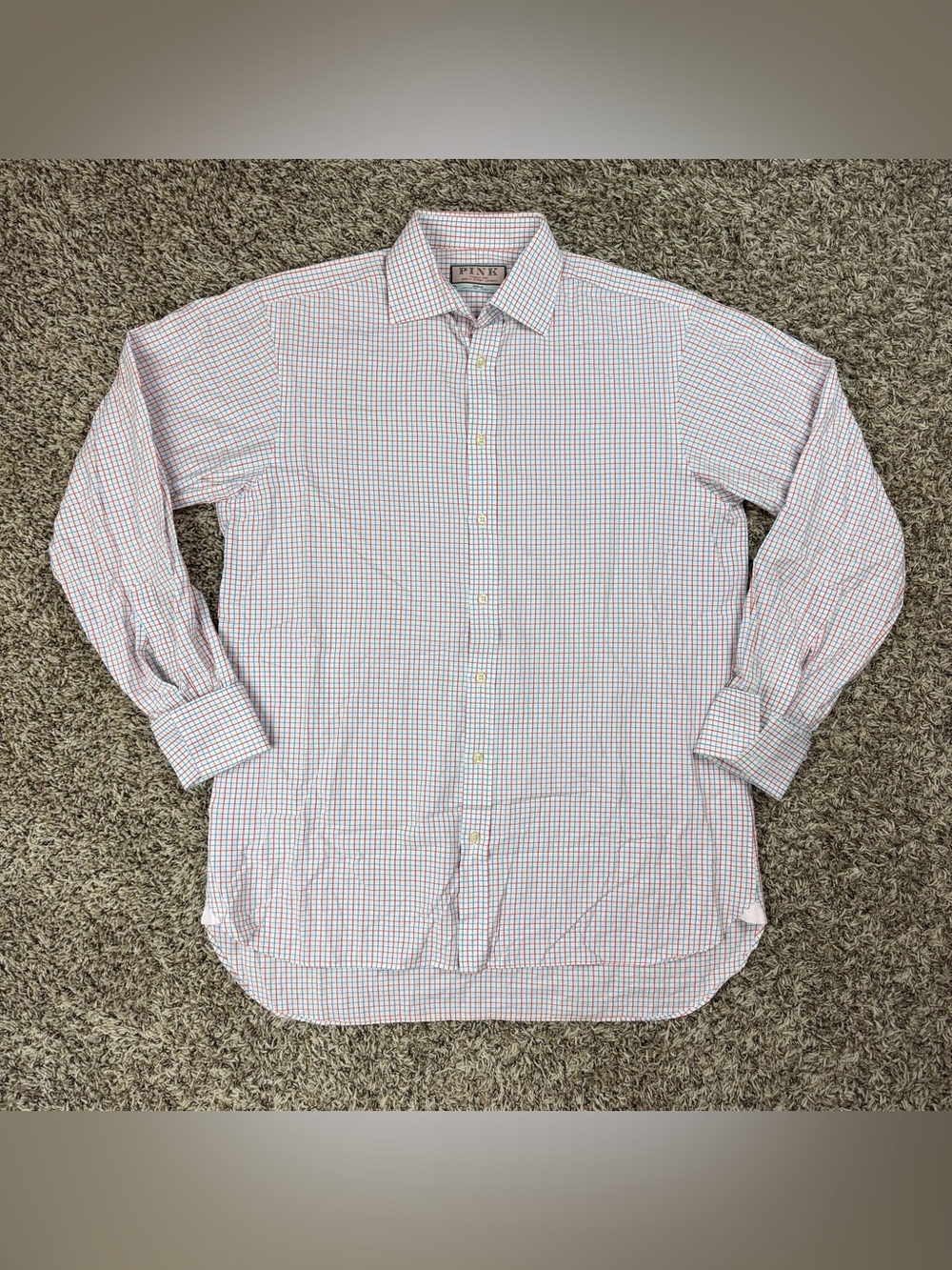Thomas Pink Mens Dress Shirt 15.5 34 Red Blue Check Button Up French Cuff Formal